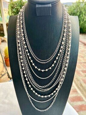 Multi-Layer Silver Beaded Chain Statement Waterfall Necklace